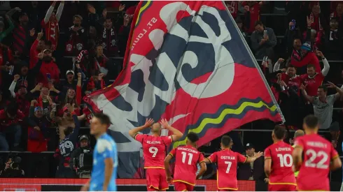 Klauss #9 of St. Louis City celebrates his goal
