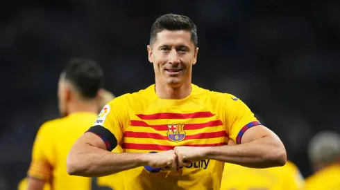 Robert Lewandowski celebrates a goal during Barcelona's victory against Espanyol to win the 2022-2023 La Liga.
