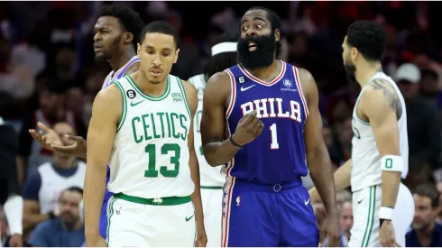 James Harden #1 of the Philadelphia 76ers reacts against Malcolm Brogdon #13 of the Boston Celtics
