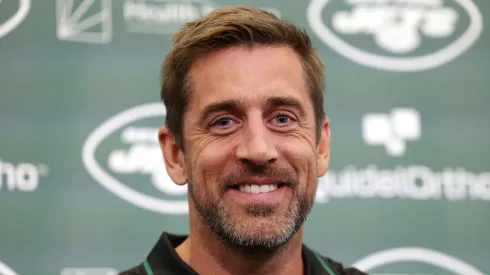 Aaron Rodgers during the press conference to introduce him as new quarterback of the Jets
