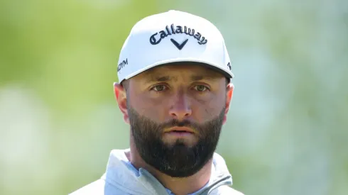 Jon Rahm during a practice round prior to the 2023 PGA Championship at Oak Hill Country Club
