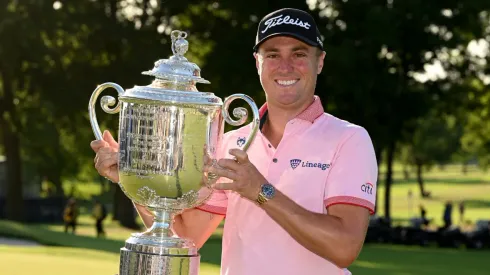 Justin Thomas with the Wanamaker Trophy after winning the 2022 PGA Championship at Southern Hills
