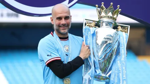 Pep Guardiola after winning the 2022-2023 Premier League with Manchester City
