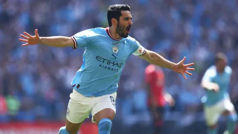 Ilkay Gundogan scores during the 2023 FA Cup final between Manchester City and Manchester United at Wembley
