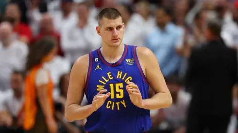 Nikola Jokic of the Denver Nuggets during Game 3 of the 2023 NBA Finals against the Miami Heat
