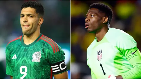 Raul Jimenez of Mexico (L) and Sean Johnson of the United States (R)