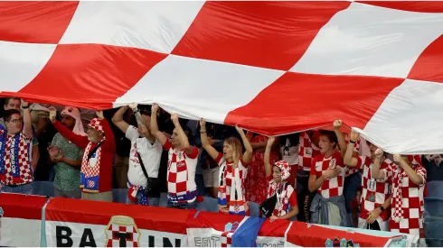 Croatia fans hold a giant Croatia flag
