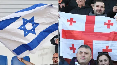 A fan of Israel waves a flag (L) and  Fans of SSC Napoli with flag of Georgia (R)
