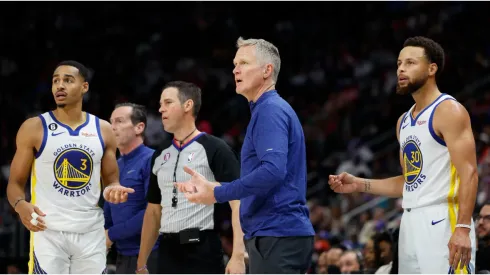 Stephen Curry, Steve Kerr, and Jordan Poole
