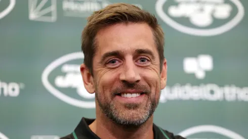Aaron Rodgers during the press conference to introduce him as new quarterback of the Jets