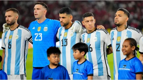 (Left-to-Right) German Pezzella, Emiliano Martinez, Cristian Romero, Nahuel Molina and Facundo Medina of Argentina
