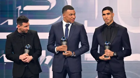 Lionel Messi (left), Kylian Mbappe (c) and Achraf Hakimi
