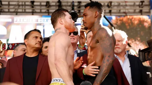 Undisputed super middleweight champion Saul “Canelo” Alvarez of Mexico (L) and Jermell Charlo face off during their weigh-in
