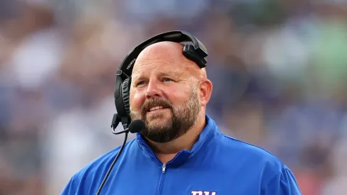 EAST RUTHERFORD, NEW JERSEY – AUGUST 26: Head coach Brian Daboll of the New York Giants looks on from the sidelines against the New York Jets during a preseason game at MetLife Stadium on August 26, 2023 in East Rutherford, New Jersey. (Photo by Mike Stobe/Getty Images)
