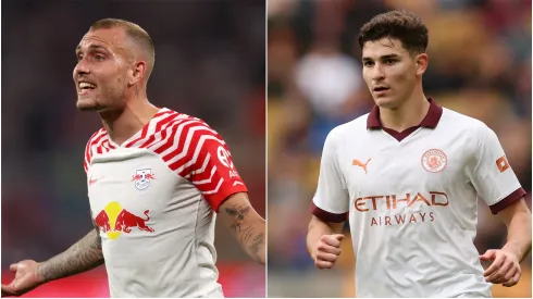 David Raum of RB Leipzig and Julian Alvarez of Manchester City