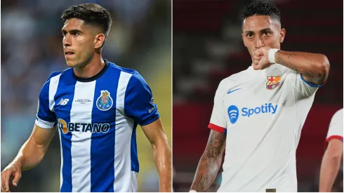 Fran Navarro of FC Porto and Raphinha of FC Barcelona