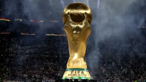A giant FIFA World Cup trophy is seen prior to the FIFA World Cup Qatar 2022 Final

