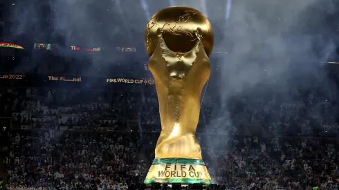 A giant FIFA World Cup trophy is seen prior to the FIFA World Cup Qatar 2022 Final