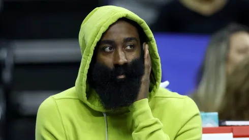 James Harden on the sidelines during a Clippers' game against the Trail Blazers
