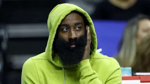 James Harden on the sidelines during a Clippers' game against the Trail Blazers
