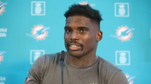 Tyreek Hill during a press conference prior to the Miami Dolphins vs Kansas City Chiefs game in Germany
