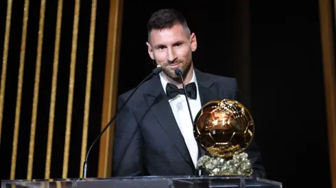 Lionel Messi after receiving his eighth Ballon d'Or in 2023
