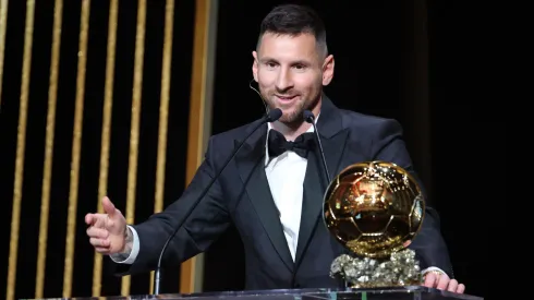 Lionel Messi during his speech after winning the Ballon d'Or award for the eighth time in his career.
