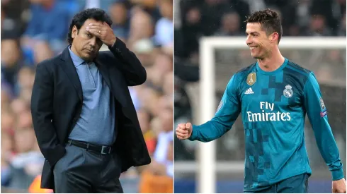 Hugo Sanchez looks on during an Almeria game (left), Cristiano Ronaldo celebrates a bicycle kick goal against Juventus
