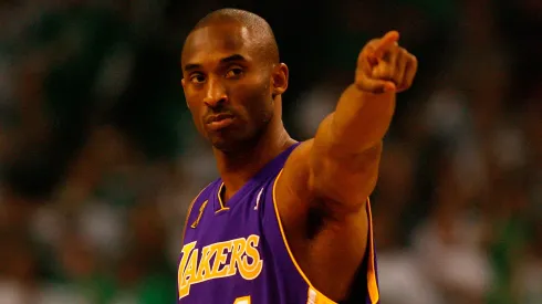 Kobe Bryant #24 of the Los Angeles Lakers points in Game One of the 2008 NBA Finals against the Boston Celtics on June 5, 2008 at TD Banknorth Garden in Boston.