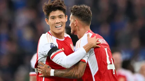 Takehiro Tomiyasu (l) and Ben White of Arsenal
