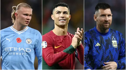 Erling Haaland (left), Cristiano Ronaldo (c) and Lionel Messi.
