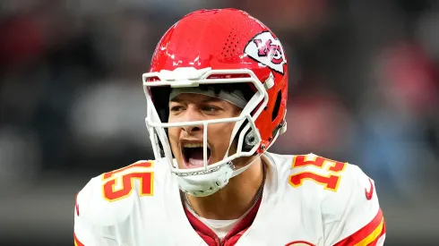Patrick Mahomes of the Kansas City Chiefs reacts during the second quarter of the game against the Las Vegas Raiders.
