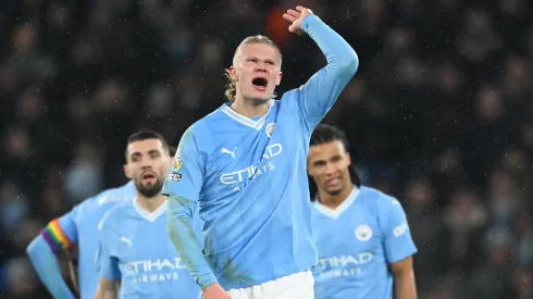 Erling Haaland of Manchester City reacts at full-time following the Premier League match between Manchester City and Tottenham Hotspur at Etihad Stadium on December 03, 2023 in Manchester, England. (Photo by Shaun Botterill/Getty Images)