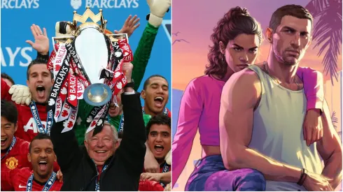 Sir Alex Ferguson lifting the Premier League trophy in 2013 / The cover of GTA VI
