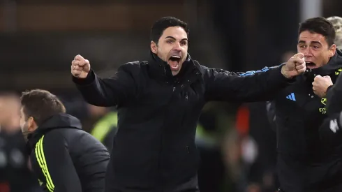 Mikel Arteta, Manager of Arsenal, celebrates after Declan Rice scores the team's fourth goal during the Premier League match against Luton Town.
