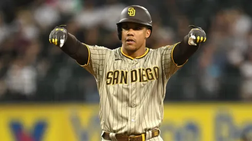 Juan Soto #22 of the San Diego Padres reacts after an RBI double in the second inning against the Chicago White Sox at Guaranteed Rate Field on September 30, 2023 in Chicago, Illinois.
