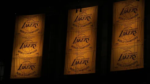 General view of the Los Angeles Lakers' championship banners.
