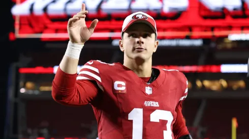 Brock Purdy celebrating a San Francisco 49ers win.
