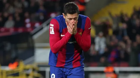 Robert Lewandowski of FC Barcelona reacts after a missed chance.