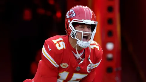 Patrick Mahomes #15 of the Kansas City Chiefs reacts as he is introduced before the game against the Buffalo Bills at GEHA Field at Arrowhead Stadium on December 10, 2023 in Kansas City, Missouri.
