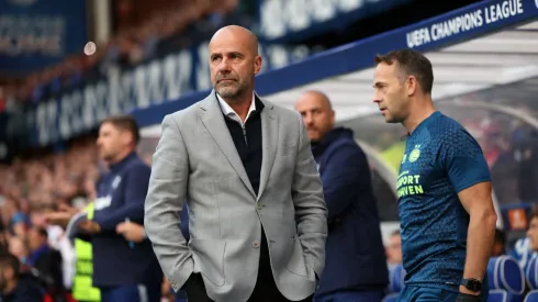 PSV Eindhoven manager Peter Bosz is seen during the UEFA Champions Qualifying Play-Off: First Leg between Rangers v PSV Eindhoven at Ibrox Stadium on August 22, 2023 in Glasgow, Scotland. (Photo by Ian MacNicol/Getty Images)
