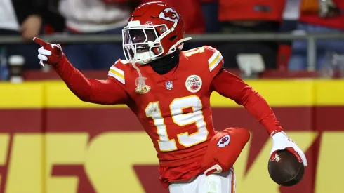 Kansas City Chiefs WR Kadarius Toney celebrating a catch.