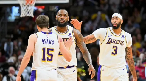 LeBron James, Anthony Davis, and Austin Reaves of the Los Angeles Lakers.
