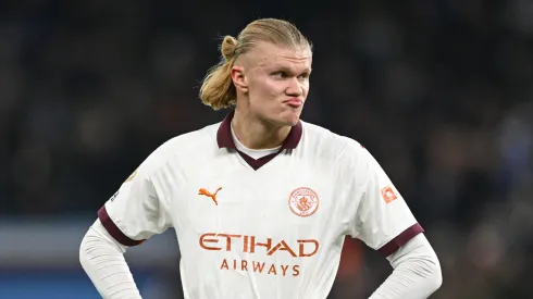 Erling Haaland of Manchester City looks dejected during the Premier League match between Aston Villa and Manchester City at Villa Park on December 06, 2023 in Birmingham, England.
