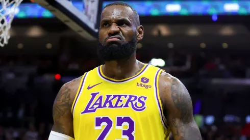 LeBron James of the Los Angeles Lakers gets angry after not getting a foul call.