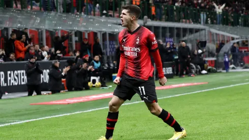 Christian Pulisic of AC Milan celebrates after scoring the team's second goal during the Serie A TIM match between AC Milan and Frosinone Calcio at Stadio Giuseppe Meazza on December 02, 2023 in Milan, Italy. (Photo by Marco Luzzani/Getty Images)
