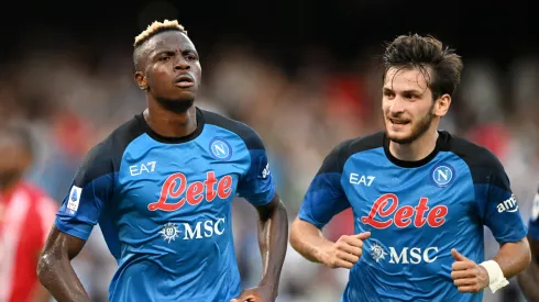 Victor Osimhen of Napoli celebrates scoring their side's second goal with teammate Khvicha Kvaratskhelia during the Serie A match between Napoli and Monza at Stadio Diego Armando Maradona on August 21, 2022 in Naples, Italy.
