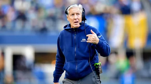 Pete Carroll looks on during the first half of a game against the Pittsburgh Steelers at Lumen Field on December 31, 2023 in Seattle, Washington.