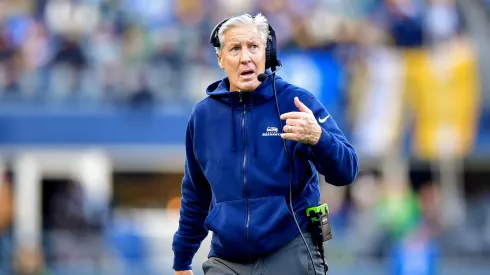 Pete Carroll looks on during the first half of a game against the Pittsburgh Steelers at Lumen Field on December 31, 2023 in Seattle, Washington.

