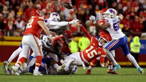 Patrick Mahomes #15 of the Kansas City Chiefs looks to pass in the fourth quarter against the Buffalo Bills
